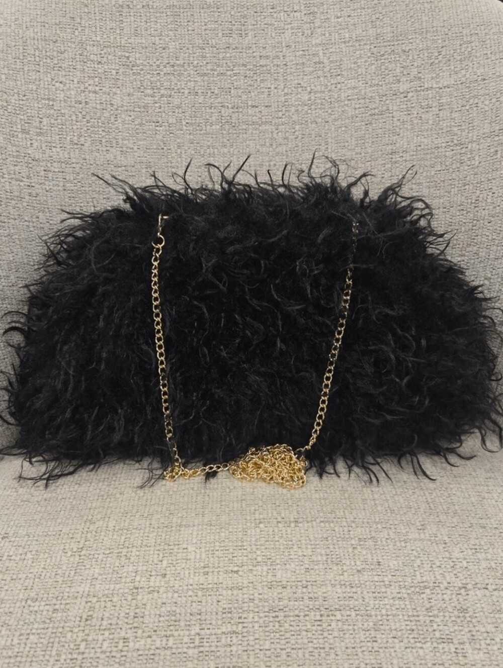 Haute Hippie Black Curly Faux Fur Clutch W Chain Ha - Picture 2 of 4